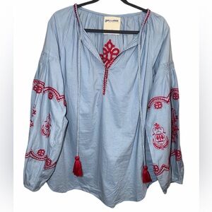 Gallabia Urban Casual Kaftan Blouse Red Embroidered Size L Blue Peasant Top